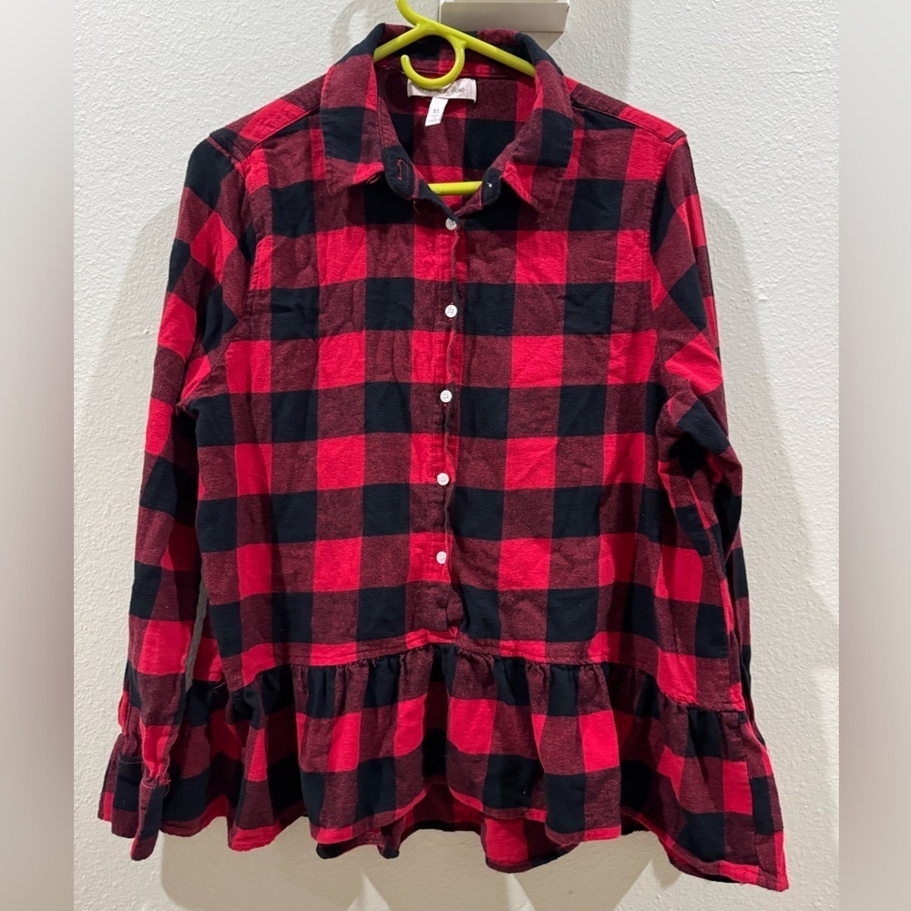 Women's XL Harlow & Rose Red/Black Plaid Drop Waist Ruffle Button Down Shirt